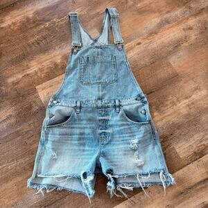 Hudson Sloane Denim Overall Shorts Women S Blue Distressed Cutoff Bib Shortalls